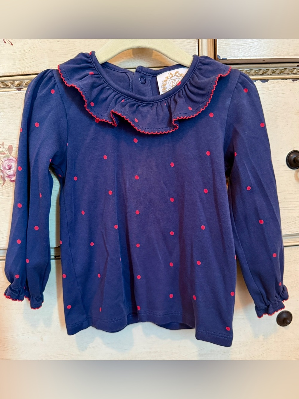 The Beaufort Bonnet Company Navy Long-Sleeve Ruffle Collar Top with Red Dots